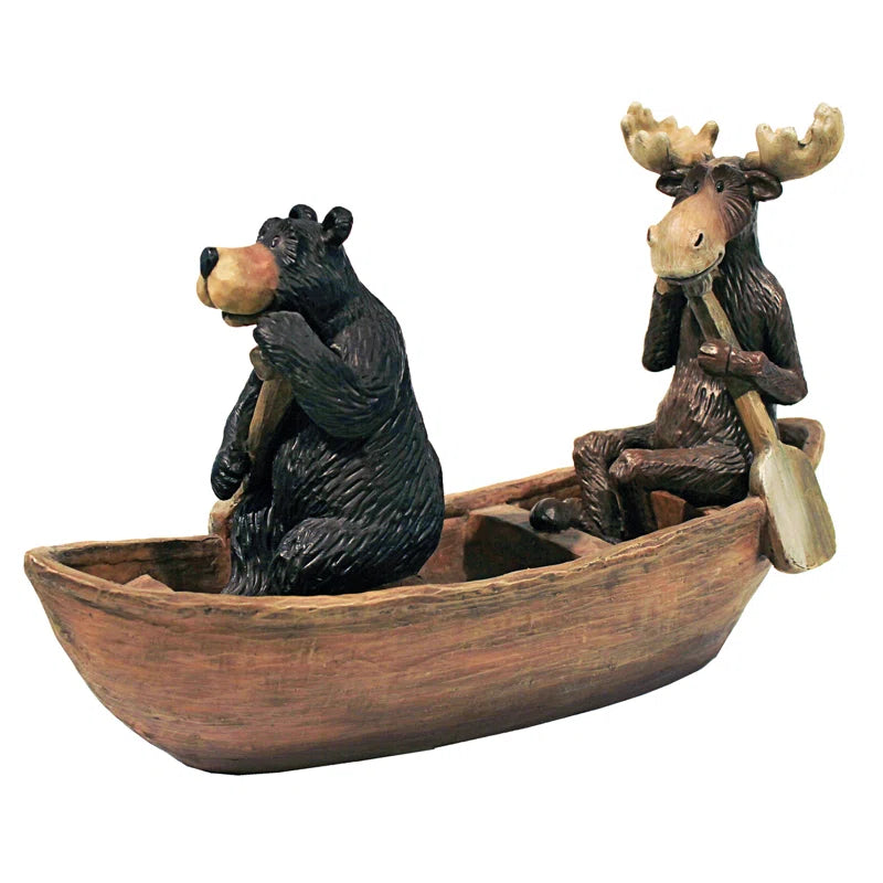Moose and Black Bear in a Boat Statue