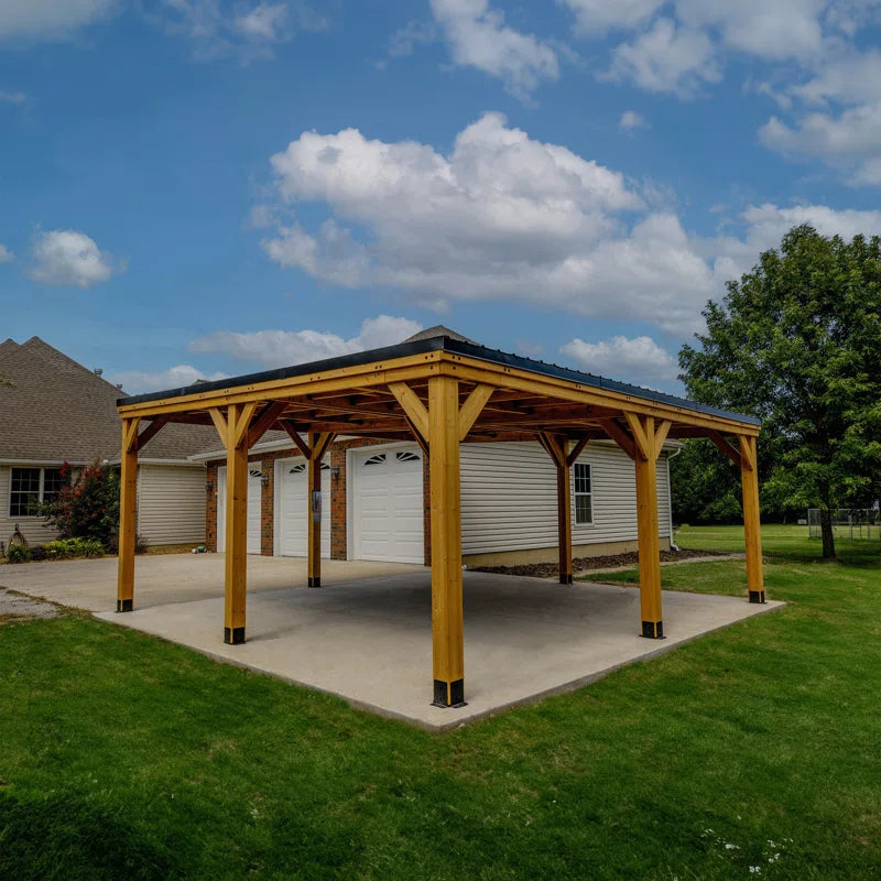 Kingsport 20' X 20' Cedar Wood Outdoor Carport with Heavy-Duty Galvanized Steel Slope Roof and Powerport