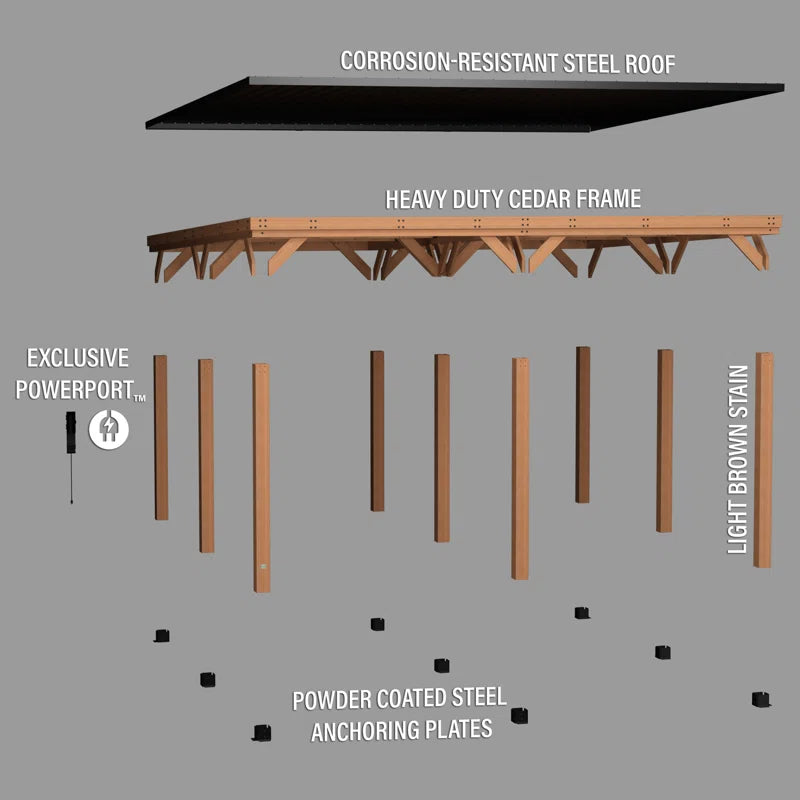 Kingsport 20' X 20' Cedar Wood Outdoor Carport with Heavy-Duty Galvanized Steel Slope Roof and Powerport