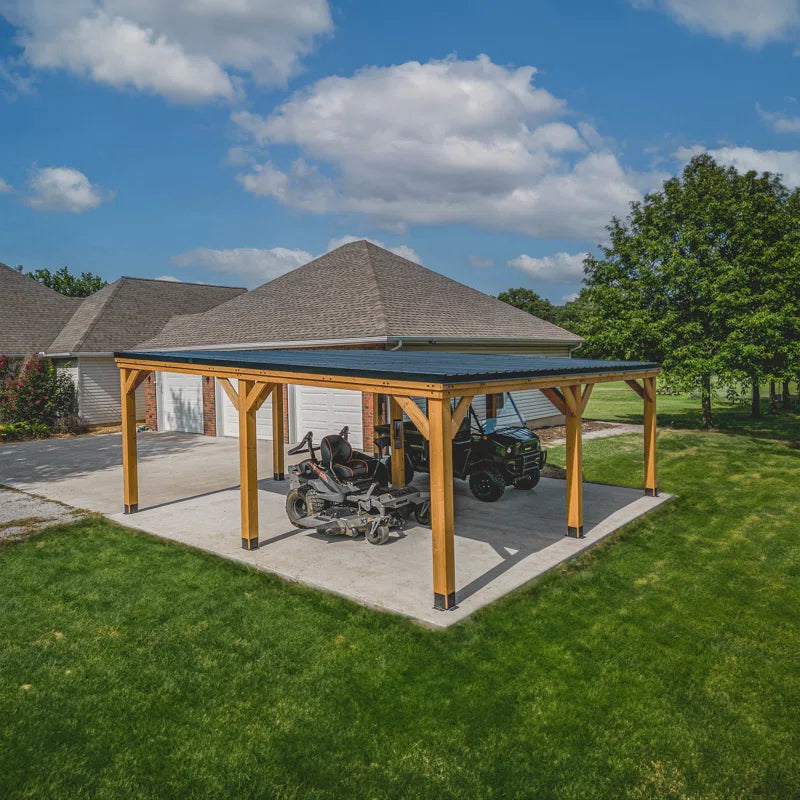Kingsport 20' X 20' Cedar Wood Outdoor Carport with Heavy-Duty Galvanized Steel Slope Roof and Powerport