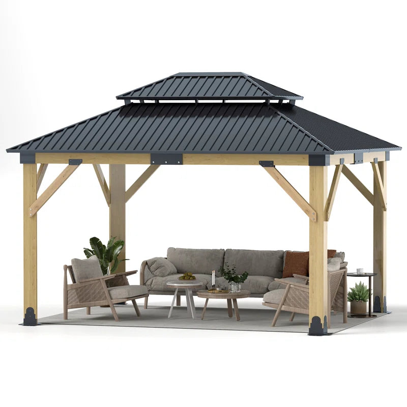 Outdoor Solid Wood Gazebo - Patio Galvanized Steel Hardtop Gazebo