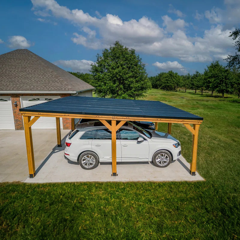 Kingsport 20' X 20' Cedar Wood Outdoor Carport with Heavy-Duty Galvanized Steel Slope Roof and Powerport