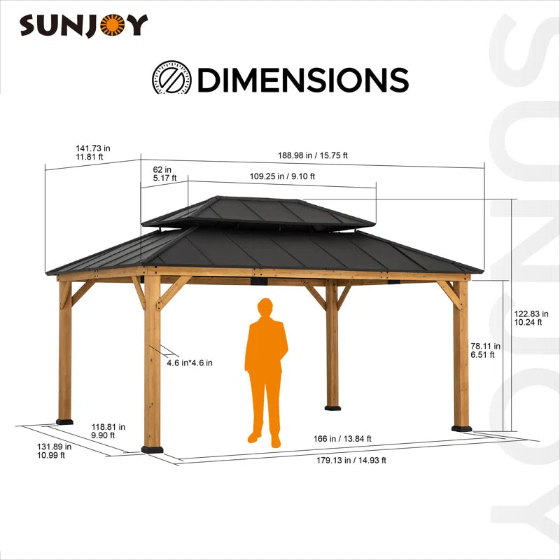 12X16 Ft. Wood Gazebo, Outdoor Patio Steel Hardtop Gazebo, Cedar Framed Wooden Gazebo with 2-Tier Metal Roof, Suitable for Patios, Lawn and Backyard