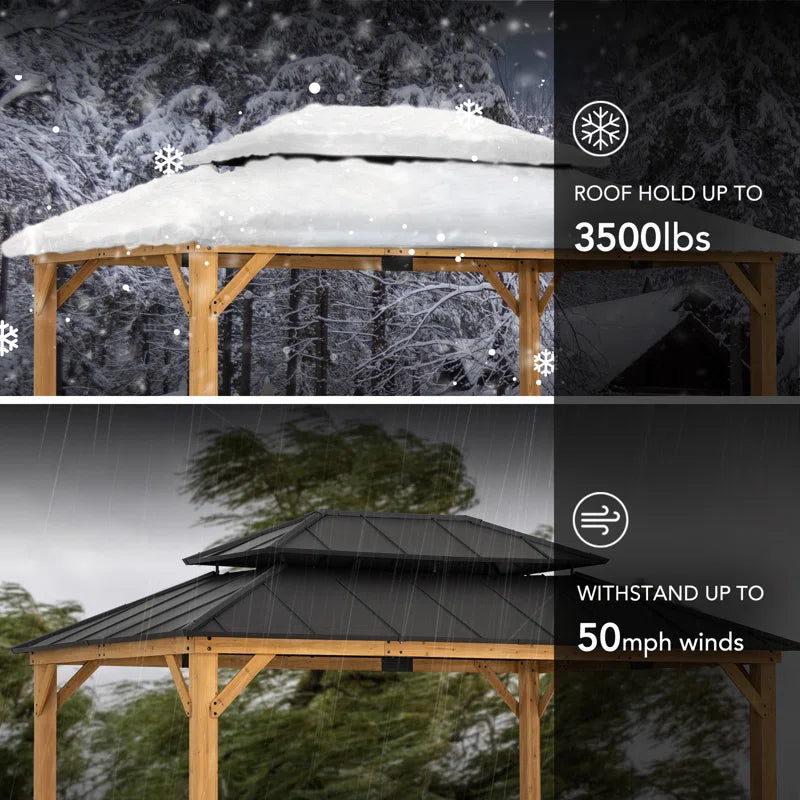 12X16 Ft. Wood Gazebo, Outdoor Patio Steel Hardtop Gazebo, Cedar Framed Wooden Gazebo with 2-Tier Metal Roof, Suitable for Patios, Lawn and Backyard