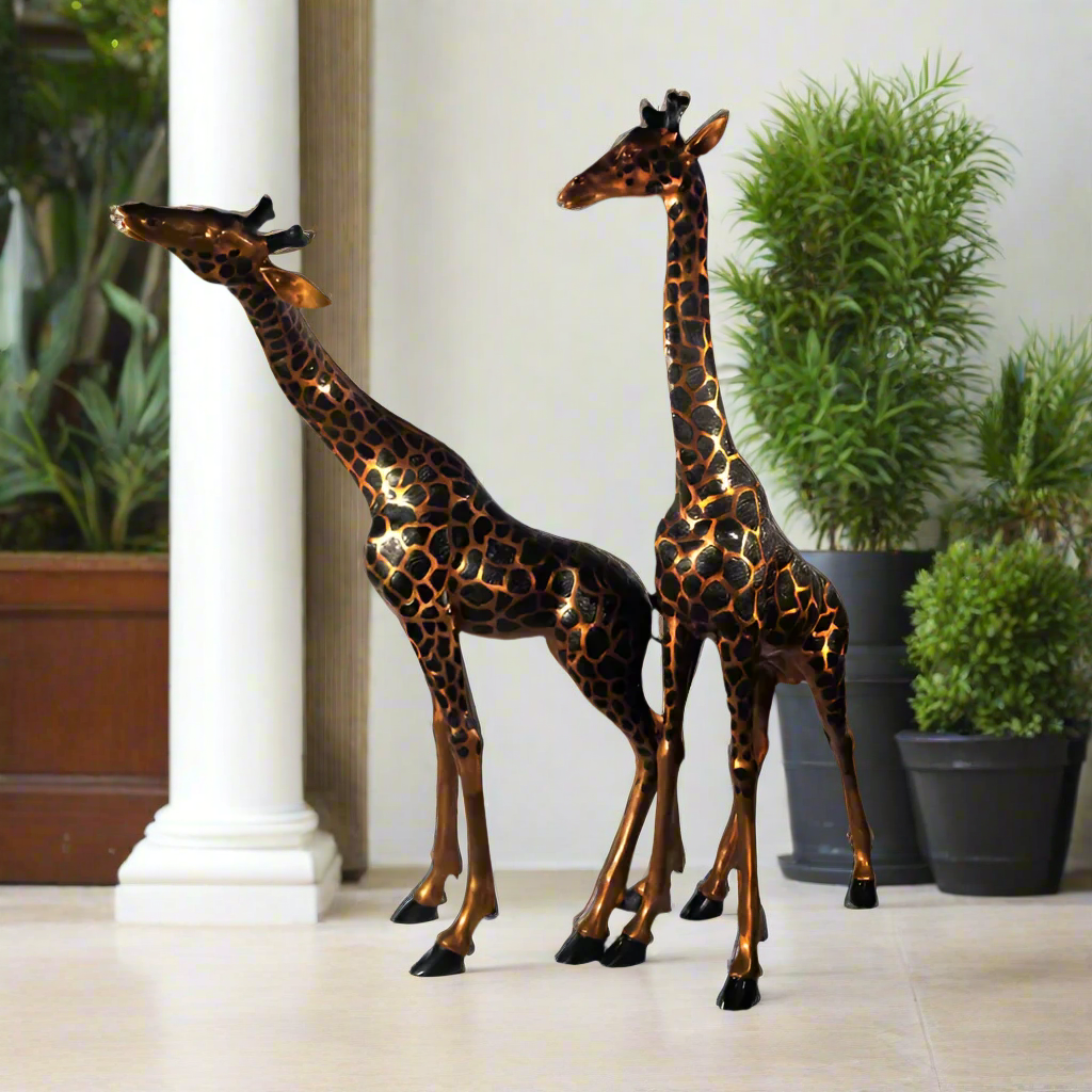 Graceful Pair of Elegant Bronze Giraffe Sculpture Set for Indoor & Outdoor Décor
