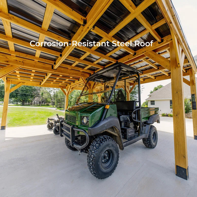 Kingsport 20' X 20' Cedar Wood Outdoor Carport with Heavy-Duty Galvanized Steel Slope Roof and Powerport