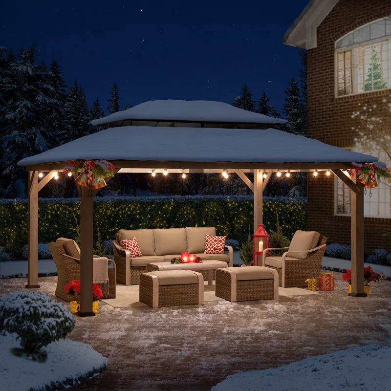 12X16 Ft. Wood Gazebo, Outdoor Patio Steel Hardtop Gazebo, Cedar Framed Wooden Gazebo with 2-Tier Metal Roof, Suitable for Patios, Lawn and Backyard