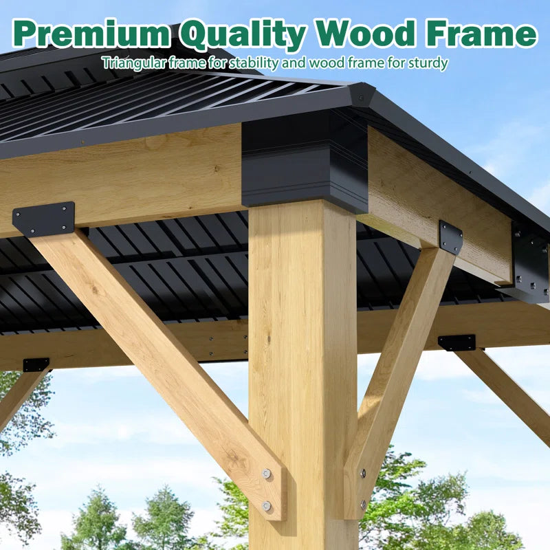 Outdoor Solid Wood Gazebo - Patio Galvanized Steel Hardtop Gazebo