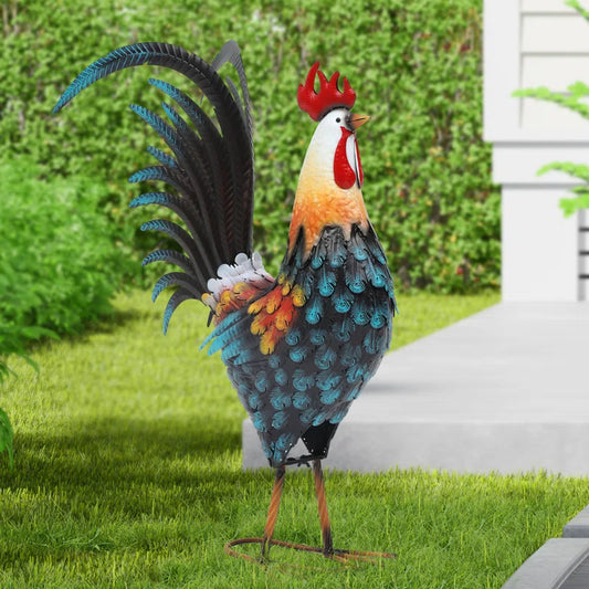 32"H Oversized Metal Rooster Garden Statue with Ground Stake
