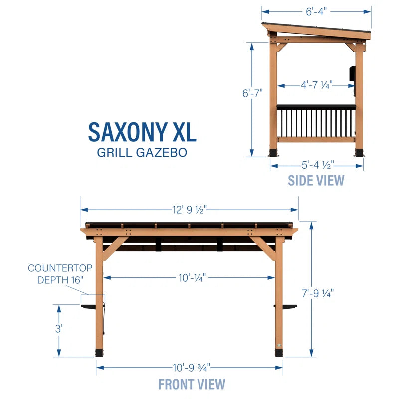 Saxony XL 12' X 6' Cedar Wood Outdoor BBQ Grill Gazebo with Hardtop Galvanized Steel Roof and Bar Tops