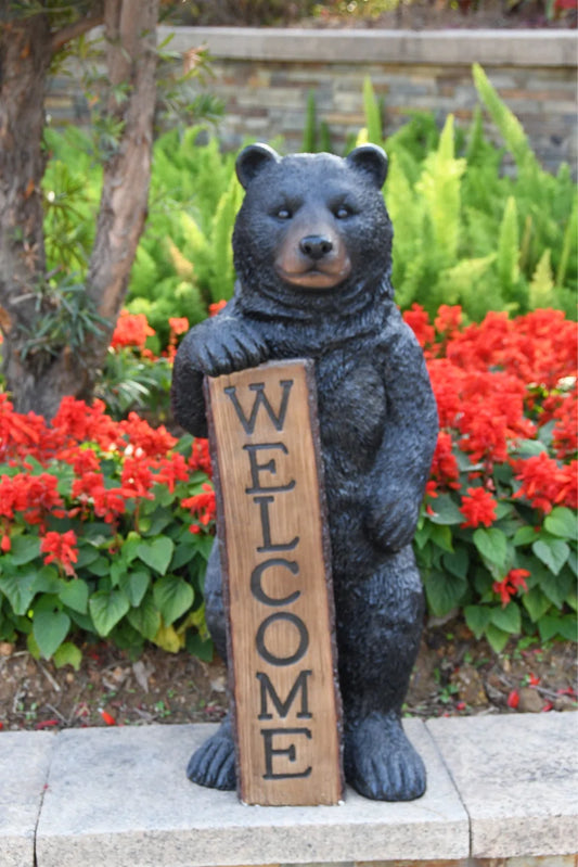 Welcome Bear Haven: Standing Black Bear with Heartwarming Welcome Sign
